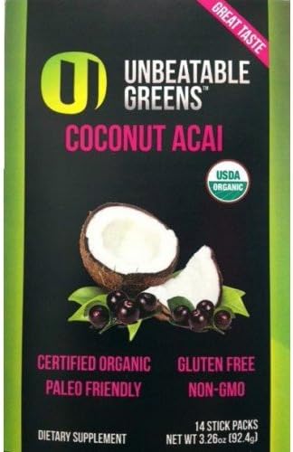 Paleo UNBEATABLE GREENS SuperFood USDA Organic Gluten-Free COCONUT ACAI 14 Servings Sticks