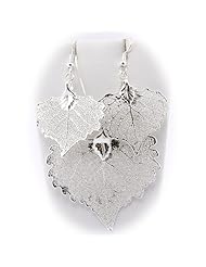 Silver Plated Cottonwood Real Leaf Sterling Silver Serpentine Chain Necklace Earrings