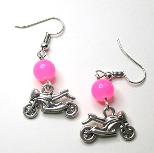 MOTORCYCLE Earrings Dangle from Pink Bead.Image on Both Sides.Looks Ready to Ride &amp; Fun!
