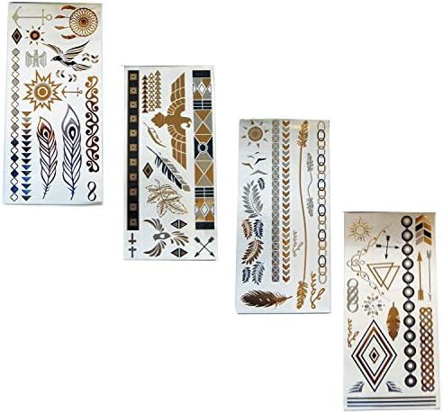 Flash Metallic Tattoos Temporary Tattoos Gold Silver Jewelry Inspired Stickers (4 Pack) 4 Sheets