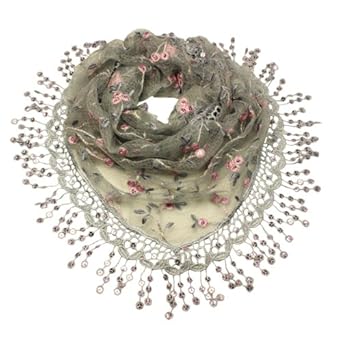 Rayon & Polyamide Handmade Lace Embroidered Small Vine Flowers Patterns Beaded Sequins Tassels Triangle Scarf