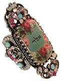 Michal Negrin Art Deco Style Adjustable Ring Designed with Roses and Hebrew Letters Cameo, Surrounded by Hand Painted Flowers, Fancy Ornaments, Blue, Pink and Light Gray Swarovski Crystals
