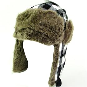New Faux Fur Plaid Trooper Trapper Pilot Ski Hat Medium Large, White
