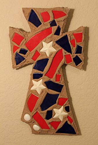 Collectible Mosaic Wall Cross, Item # S-816, 13.5 in. x 7 in., Red, White, and Blue, with Stars Mosaic Cross, Handmade, OOAK, Patriotic Wall Home Décor