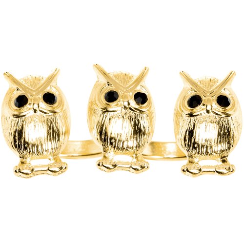 Size 7-8 Gold Tone Owl Trio Double Finger Ring
