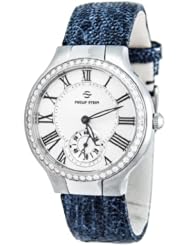Philip Stein Womens 41D-CMOP-OGM Round Diamond Mother-Of-Pearl Blue Grainy Calf Strap Watch