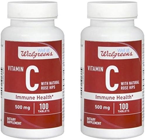 Vitamin C with Natural Rose Hips by Well at Walgreens for Immune Health 500 Mg, 100 Tablets (Pack of 2 Bottles)