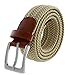 Womens Braided Elastic Fabric Woven Stretch Belt Leather Inlay (Beige, Medium)
