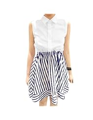 Above the Knee Polyester Striped Print Sleeveless Stretchy Pleated  Shirt  Dress