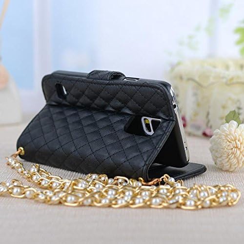 Fashion Diamond Lattice Cell Phone Pouch Folio Flip PU Leather Case Wallet Cover for Samsung Galaxy S5 i9600 with Multiple ID Card Holders & Long Strap & Money Pocket & Bling Flower Design - Black