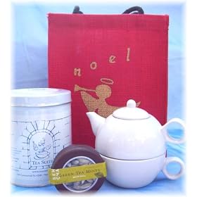 Noel Gift Set - Holiday Tote Bag, Five Flower Herbal Tea, All-In-One Teapot and Cup, Green Tea Mints