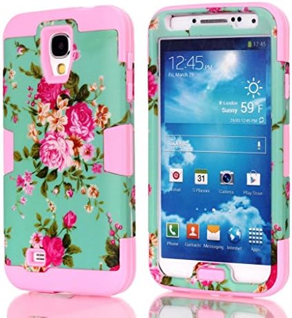 S4 Case,samsung galaxy s4 case,phone cases for samsung galaxy s4,By Ezydigital,2in1 Hybrid High Impact Hard Colorful Spring Flowers Pattern + Sky Silicone Case Cover For Samsung Galaxy S4 i9500 iV in Hot Pink Color