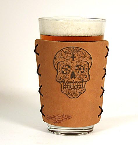Oowee Products | Sugar Skull Leather Pint Glass Holder/Sleeve | Sleeve Only | Fits a 16 Ounce Pint Glass | Genuine Leather | The Original Pint Sleeve