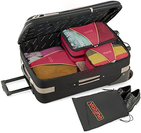 Valyne Packing Cubes 4-pcs Set, Luggage Travel Organizer Bags with a Free Laundry/shoe Bag (Medium Bag Double Compartment) (Burgundy)