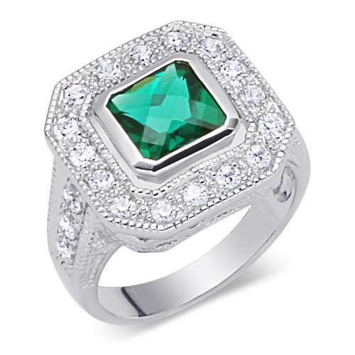 Trendy 1.50 carats total weight Princess Cut Checker Board Created Emerald & White CZ Size 7 Gemstone Ring in Sterling Silver