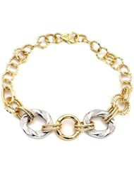 14k Italian Yellow and White Gold High Polished and Diamond Cut Oval and Round Link Bracelet, 7"