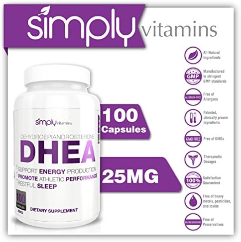 Simply Vitamins DHEA 25mg 100 Capsules - Promotes Healthy Hormone Levels in Men and Women - More Youthful Feeling and Increased Energy Levels - Feel Younger Naturally