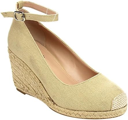 I HEART COLLECTION JULIA-01 Women's Espadrilles Wedge Pumps Half A Size Smaller, Color:NUDE, Size:8.5