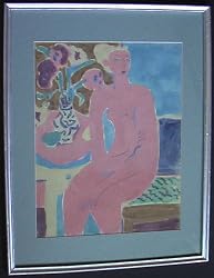 Pink Figurative Nude, Original 1940's Watercolor on Paper Painting By Carmel Artist Victor Di Gesu - Framed Artwork