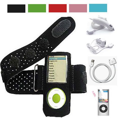 Apple Ipod Nano 5g Work Exercise Armband Ipod Nano Armband Carrying Case + Screen Protector + Ipod Nano USB Data Cable + Car Charger + Wall Charger (Many Colors Available) (Black)