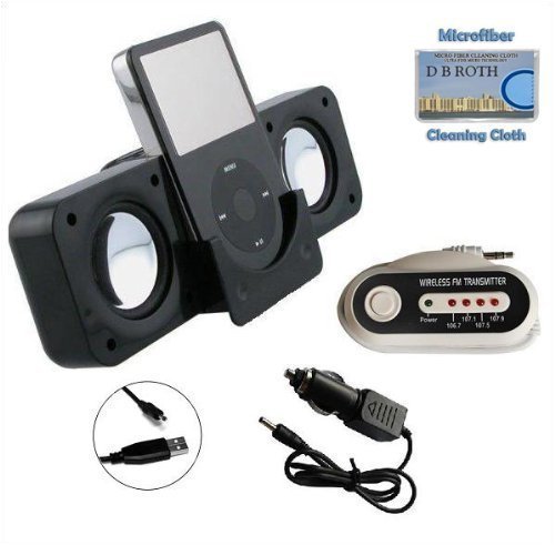 Portable speaker (Black) + FM Transmitter for iPod Classic Touch Video Nano Shuffle and iPhone Incl. DBROTH Microfiber Cleaning cloth