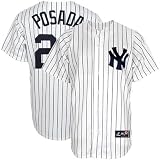 MLB Men's New York Yankees Jorge Posada White/Navy Pinstrps Home Short Sleeve 6 Button Synthetic Replica Baseball Jersey Spring 2012  (White/Navy Pinstrps, Large)