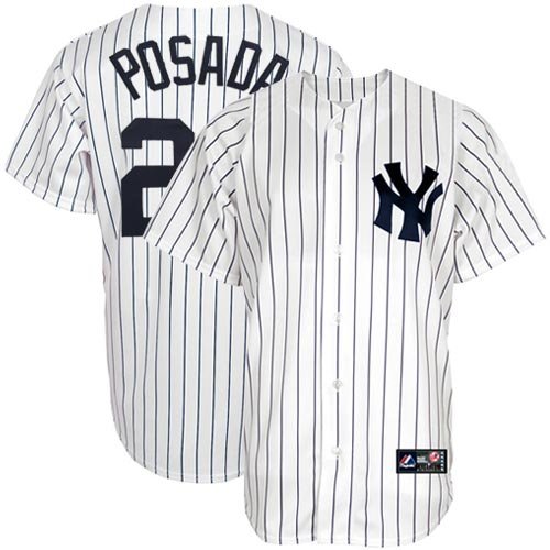 MLB Men's New York Yankees Jorge Posada White/Navy Pinstrps Home Short Sleeve 6 Button Synthetic Replica Baseball Jersey Spring 2012  (White/Navy Pinstrps, XX-Large)