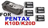 Battery Grip for Pentax K10D K20D D-SLR Digital Cameras + Four (4x) D-LI50/ ....