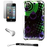 Green and Purple Retro Hearts Design on Black Cover / 2 Piece Snap On Crystal Case for New Apple iPod Touch 4 ( 4th Generation 8GB 16GB 32GB ) + Includes Anti Glare Screen Protector Guard + Includes a USB Travel Car Charger