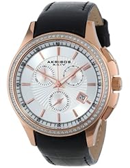 Akribos XXIV Womens AK615RG Grandiose Crystal Swiss Chronograph Rose-Tone Stainless Steel Black Leather Strap Watch