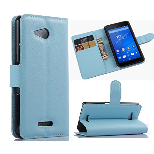Sony Xperia E4g Case - Demomm(tm) Flip / Folio Pu Leather Wallet Pouch Case Holder Cover with Stand / Card Slots for Sony Xperia E4g Smartphone (Blue)