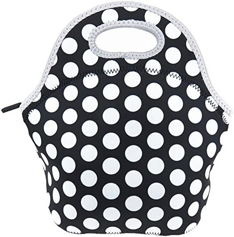 Runytek Neoprene Stylish Lunch Bag Lunch Tote Mini Snack Tote with Zipper (Black and White Dot)