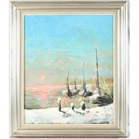Art Painting Hormans Sunset Harbor Boats Oil on Canvas
