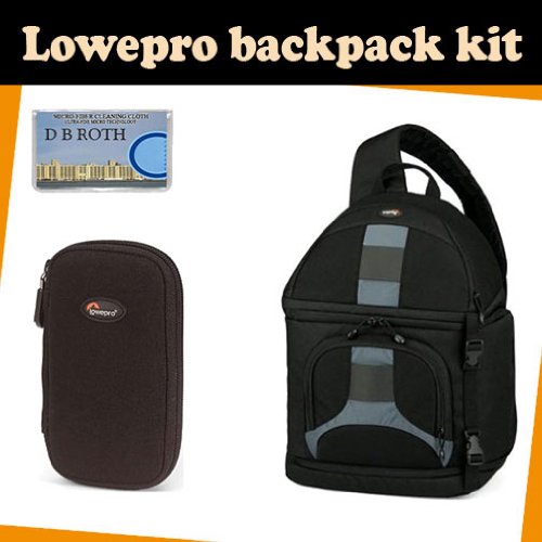 LowePro Backpack kit which includes the Lowepro Slingshot 300 All Weather Backpack (Black) + DMC-Z wallet for memory card(s), batteries, Mini DV tapes and more + DB ROTH Micro Fiber Cloth.