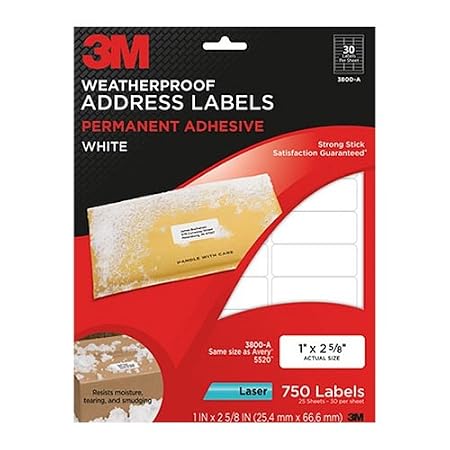 Permanent Adhesive White Weatherproof Address Labels, 1 x 2-5/8, 750 Labels/Pack