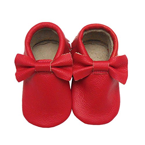 Sayoyo Baby Red Bow Tassels Soft Sole Leather Infant Toddler Prewalker Shoes (12-18 Months/6-6.5 M US Toddler, Red)