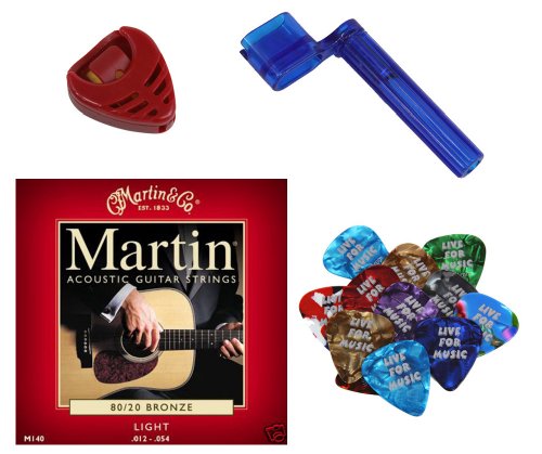 Martin M140 Acoustic Guitar Strings with BONUS Guitar Picks, Pick Holder and String Winder