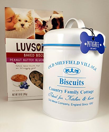 Dog Treat Jar Canister Tin White Metal Enamel Aqua Blue Food &amp; Biscuit PLUS Peanut Butter Blueberry Cookies Treats