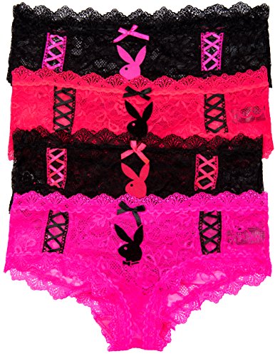 Playboy All Mesh Hipster Panties with Lace Trim and Lace Up Hips (3-Pack)