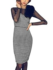 Houndstooth Print Long Sleeves Above the Knee Cotton/Polyester Round Neck Mesh  Dress