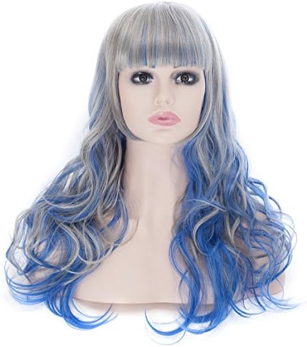 Halloween Festival Long Curly Cosplay Synthetic Hair Gray gradient blue Party Wig