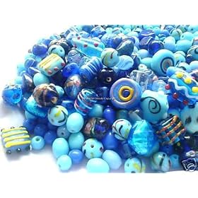 Blue ASSORTED FANCY BEAD MIX Lampwork Crystal Czech Glass Lucite Acrylic Wood Metal