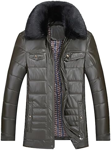 Shemen Mens Casual PU Leather Fur Collar Jacket Wool Lining Outwear Army Green