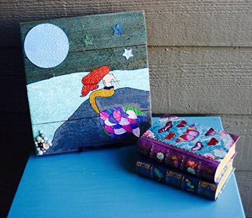 Song of the Sea Art. Beautiful hand painted mermaid, embellished with gorgeous dusted aluminum tail, stars, and moon. Centred on Beautiful reclaimed wood