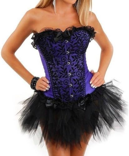 Erlion Purple Leaves Pattern Lingerie Sexy Corset With Black Tutu Skirt S-6XL