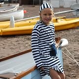 Navy/White Stripe Towelling Long Hooded Top. Available in sizes, 5 years to 6 years