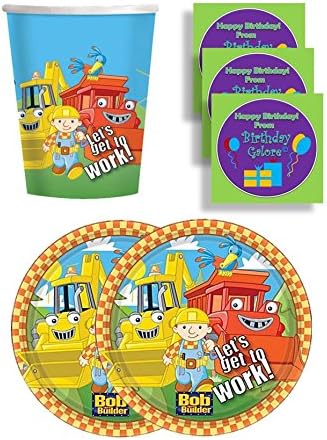 Bob The Builder Birthday Party Supplies Set Large Plates & Cups Kit for 16 Plus Stickers
