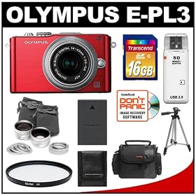 Olympus PEN E-PL3 Micro 4/3 Digital Camera & 14-42mm II Lens (Red/Silver) with 16GB Card + Battery + Case + Filter + Tripod + Telephoto/Wide-Angle Lens Set + Accessory Kit (Refurbished by Olympus)