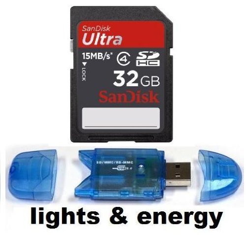 32GB SDHC SD 32 GB Sandisk Ultra Speicherkarte für Canon EOS 550D/ EOS 500D/EOS 1000D/EOS 60D/EOS 1100D/EOS 600D/EOS 450D/EOS 300X/EOS 400D/EOS 50D/Nikon D3100/D5000/D7000/D90/D5100/D300S/D700/D3000/D70s/Sony SLT-A55VL/DSLR A290L/SLT-A55V/SLT-A33/DSLR-A550L/DSLR-A580Y/DSLR-A580L/Alpha 900/DSLR-A500Y/SLT-A55VY/DSLR-A230L/Panasonic Lumix DMC-G1K/Pentax K-5/K7/K-r/K-x + Lights and Energy Micro USB SDHC Reader
