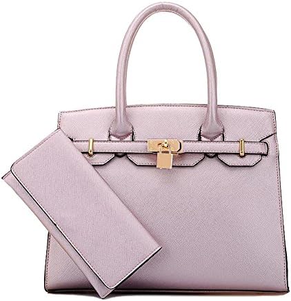 Women Leather Birkin Shoulder Handle Tote Bag with Clutch Purse (Light Purple)